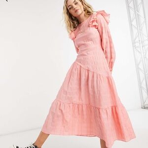 Topshop Check Diagonal Gathered Dress in Coral
